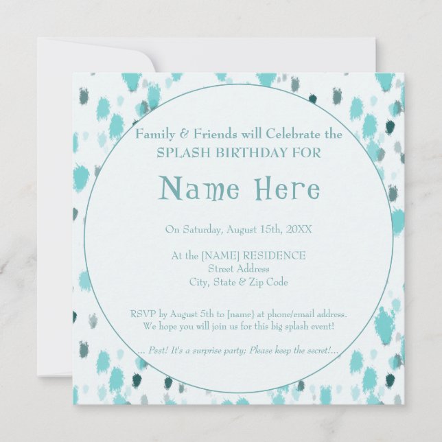 Personalised Blue & Grey Fun Big Splash Birthday   Invitation (Front)