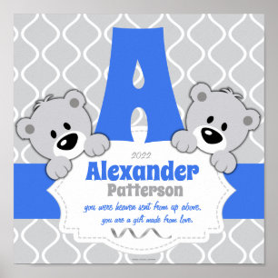 Personalised Blue & Grey Teddy Bear Nursery Room Poster