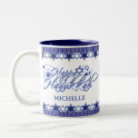 Personalised Blue Happy Hanukkah Star Two-Tone Coffee Mug<br><div class="desc">Celebrate this holiday with this personalised Happy Hanukkah mug in light and dark blue. This mug features striped and Star of David border,  text image "Happy Hanukkah",  your name and blue menorah on the side. Makes a great gift for the holidays! Easy to personalise with custom options.</div>
