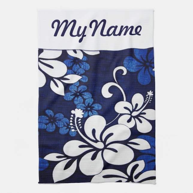 Personalised Blue Hawaii Flowers Tea Towel (Vertical)
