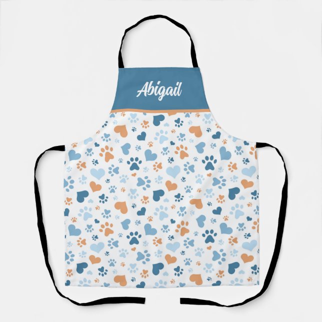 Personalised Blue Hearts and Paw Prints Apron (Front)