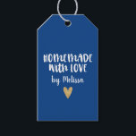 Personalised Blue Homemade With Love Heart Gift Tags<br><div class="desc">A personalised "homemade with love" gift tag with a blue coloured background and a gold heart. Great for any Christmas gift giving! Make it yours by adding your own name. A pretty finishing touch for all of your handmade gifts. Designed for you by Blackberry Boulevard.</div>