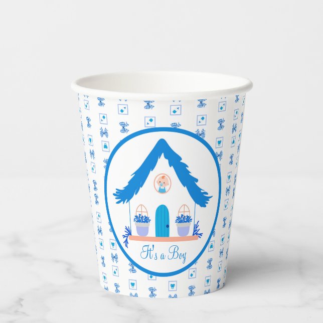 Personalised Blue House It's a boy Baby shower Paper Cups (Back)