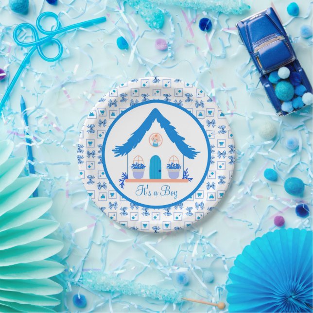 Personalised Blue House It's a Boy Baby Shower Paper Plate (Party)