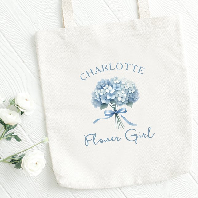 Personalised Blue Hydrangea Bow Floral Flower Girl Tote Bag (Make her feel special! Customize this charming hydrangea flower girl tote—perfect for your big day!)