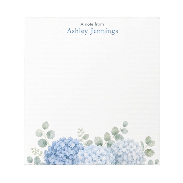 Personalised Blue Hydrangea Floral Notepad (Front)