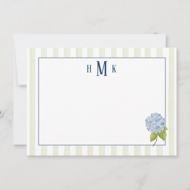 Personalised Blue Hydrangea Green Stripe Monogram  Card (Front)