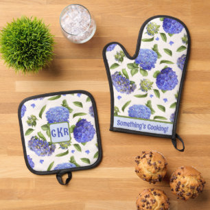Personalised Blue Hydrangeas Floral Botanical Art  Oven Mitt & Pot Holder Set
