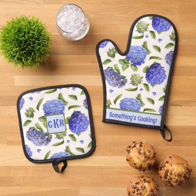 Personalised Blue Hydrangeas Floral Botanical Art  Oven Mitt & Pot Holder Set (Top Down)