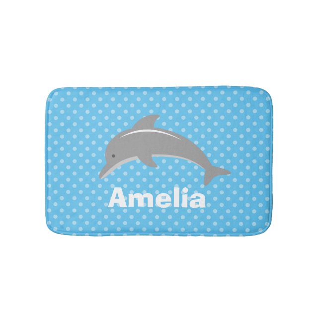 Personalised blue kids bath mat with cute dolphin (Front)