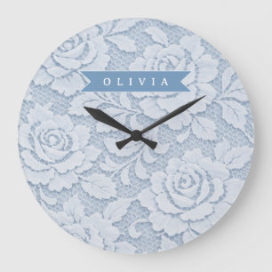 Personalised Blue Lace Floral Elegant Romantic Large Clock