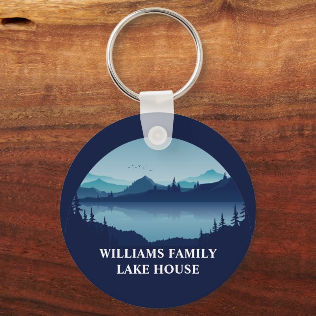 Personalised Blue Lake House Vacation Home Key Ring (Front)