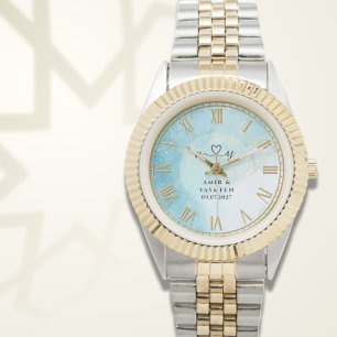 Personalised Blue Marble Men’s Two-Tone Gold & Sil Watch