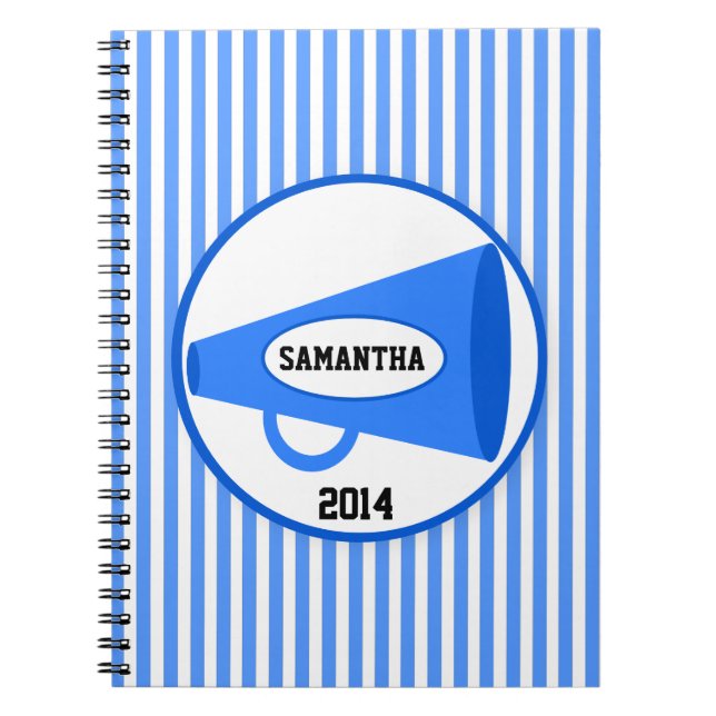 Personalised Blue Megaphone And Blue Stripes Spiral Notebook (Front)