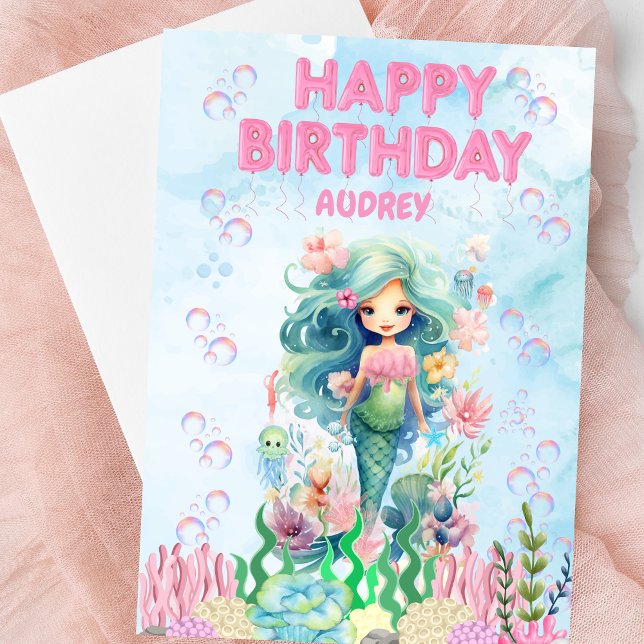 Personalised Blue Mermaid Happy Birthday Card (Personalized Mermaid Happy Birthday Card)