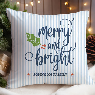 Personalised Blue Merry and Bright Christmas Cushion