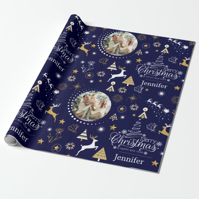 Personalised Blue Merry Christmas gift Wrapping Paper (Unrolled)