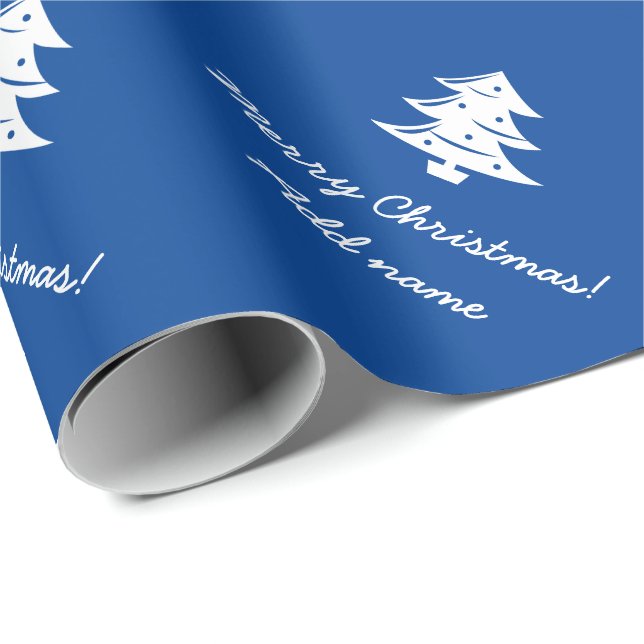 Personalised blue Merry Christmas tree holiday Wrapping Paper (Roll Corner)