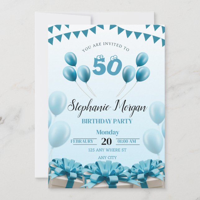 Personalised Blue Modern 50TH Birthday Party  Invitation (Front)