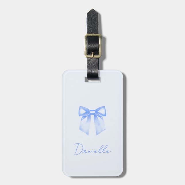 Personalised Blue Modern Elegant Bow Luggage Tag (Front Vertical)