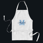 Personalised blue name monogram apron for women<br><div class="desc">Personalised name monogram apron | Blue and white. Elegant monogrammed BBQ / kitchen apron for men, women and kids. Stylish chic script typography initial letter. Initialled Barbecue / baking aprons in khaki beige / standards white and yellow. Long and short version. Make one for mum, mother, wife, aunt, grandma, daughter,...</div>