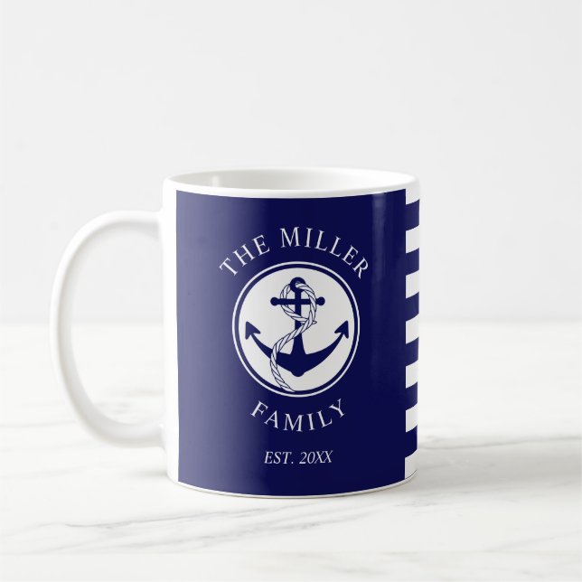 Personalised Blue Nautical Anchor Family Name Coffee Mug (Left)