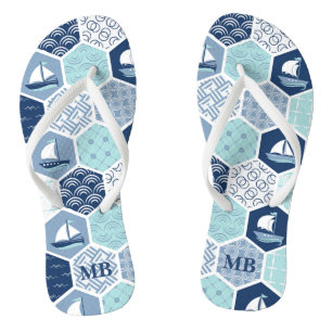 Personalised Blue Nautical Sailboat Monogram Jandals