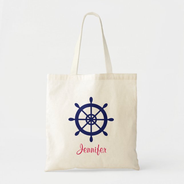 Personalised Blue Nautical Ship Wheel Tote Bag (Front)