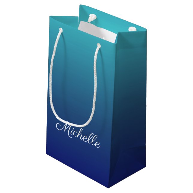 Personalised blue ombre gradient small gift bag (Back Angled)