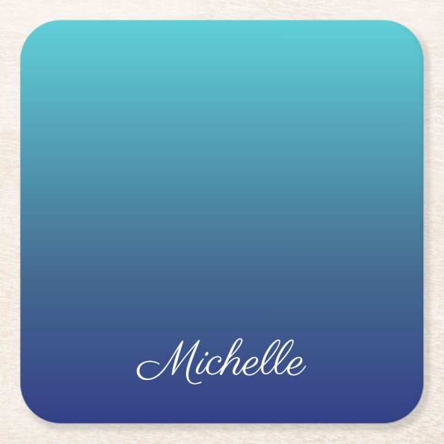 Personalised blue ombre gradient square paper coaster (Front)
