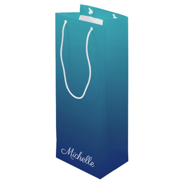 Personalised blue ombre gradient wine gift bag (Back Angled)