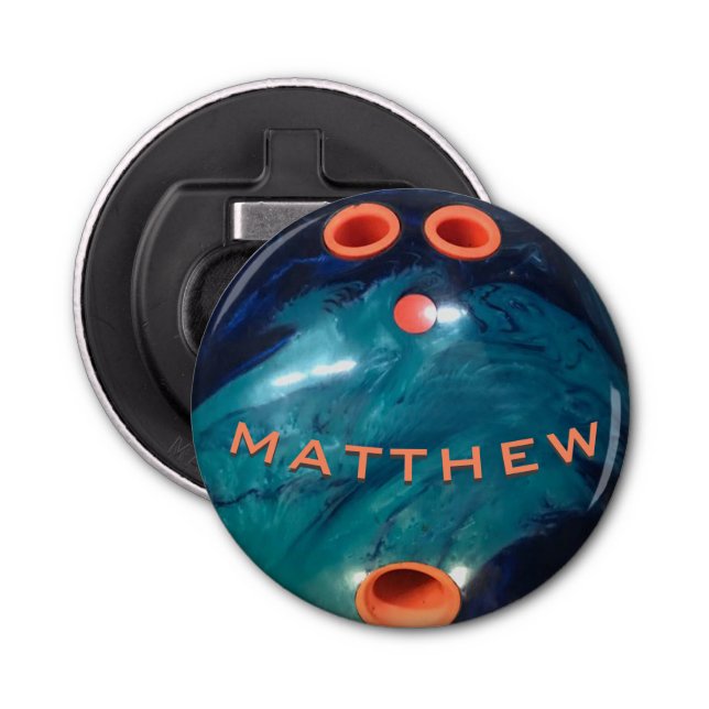 Personalised Blue Orang Bowling Ball Bottle Opener (Front)