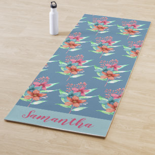 Personalised Blue Orange Pink Floral Yoga Mat