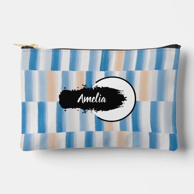 Personalised Blue Peach Watercolor Striped Accessory Pouch (Front)