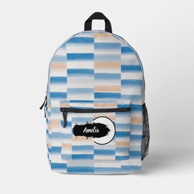 Personalised Blue Peach Watercolor Striped Cut Sew Printed Backpack (Front)