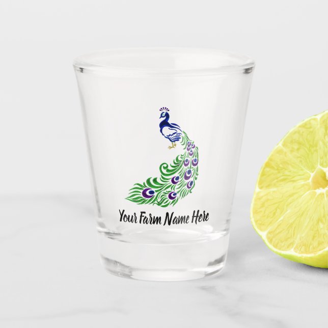Personalised Blue Peacock Farm Shot Glass (Front)