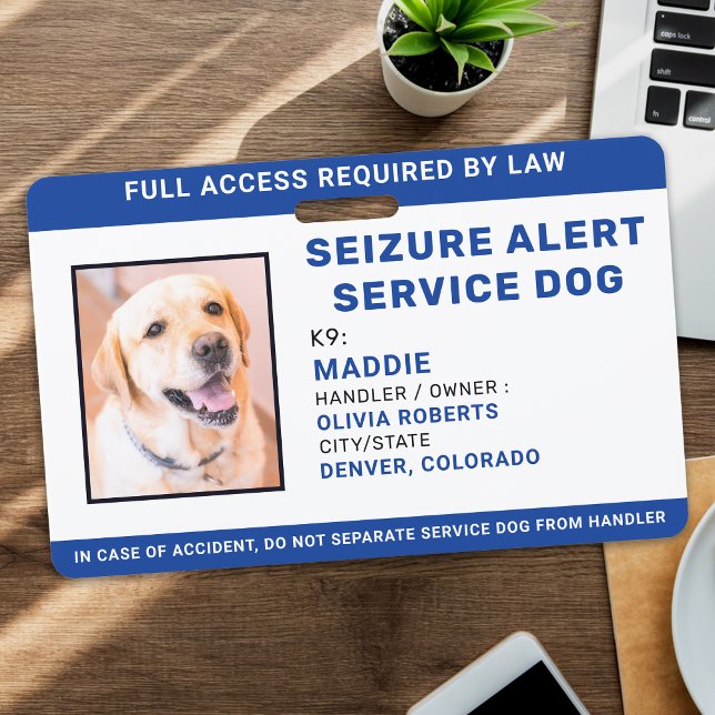 Personalised Blue Photo Seizure Alert Service Dog ID Badge (Creator Uploaded)