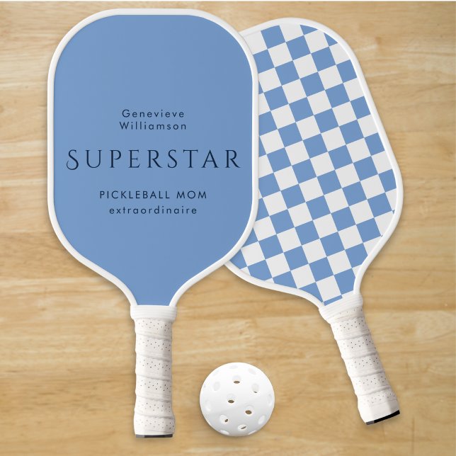 Personalised Blue Pickleball Mum Superstar Custom  Paddle (A custom blue pickleball paddle, with 'Superstar Mom' theme and checkered pattern on reverse side)