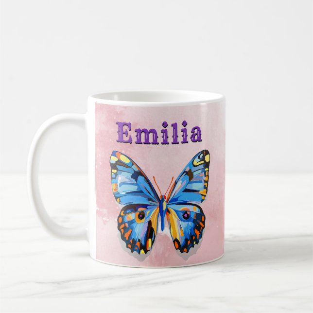 Personalised Blue Pink Butterfly Custom Preppy Coffee Mug (Left)