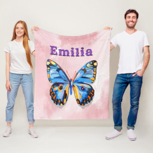Personalised Blue Pink Butterfly Custom Preppy Fleece Blanket