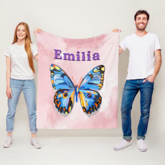 Personalised Blue Pink Butterfly Custom Preppy Fleece Blanket