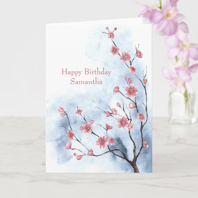 Personalised Blue Pink Floral Tree Watercolor  Card (Orchid)