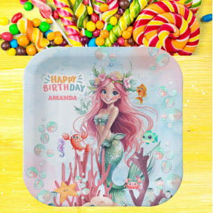 Personalised Blue & Pink Mermaid Birthday Party Paper Plate