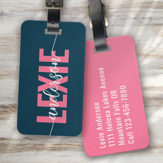 Personalised Blue Pink Monogram Script Luggage Tag