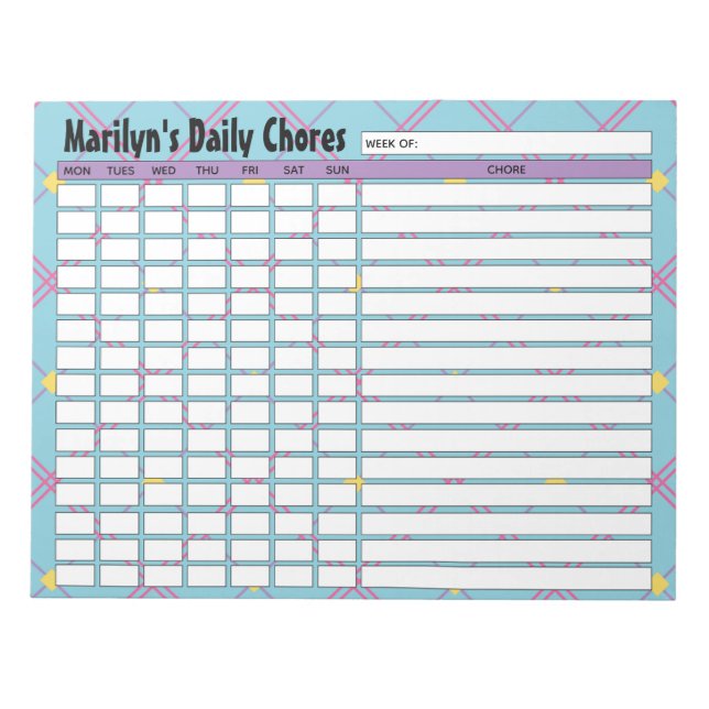 Personalised Blue & Pink Plaid Daily Chores Chart Notepad (Front)