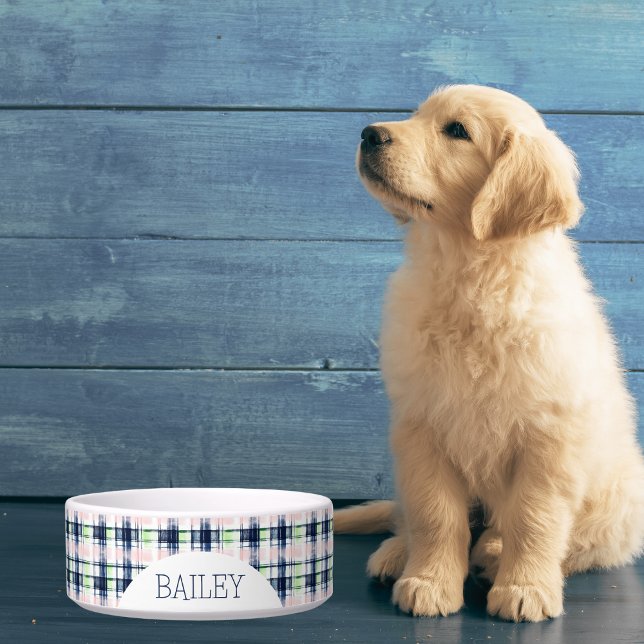 Personalised Blue & Pink Plaid Pet Bowl (Creator Uploaded)