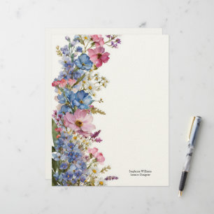 Personalised Blue Pink White Wildflowers Florals  Custom Letterhead