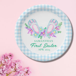 Personalised Blue Plaid Bunny Feet My First Easter Paper Plate
