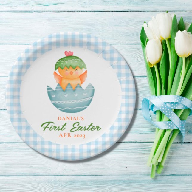 Personalised Blue Plaid Chick Egg My First Easter Paper Plate (Creator Uploaded)
