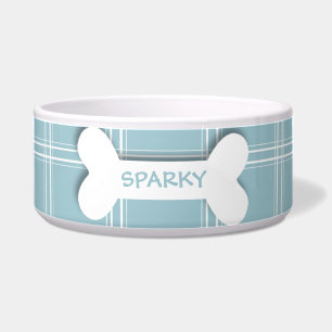 Personalised blue plaid dog bone pet food bowl